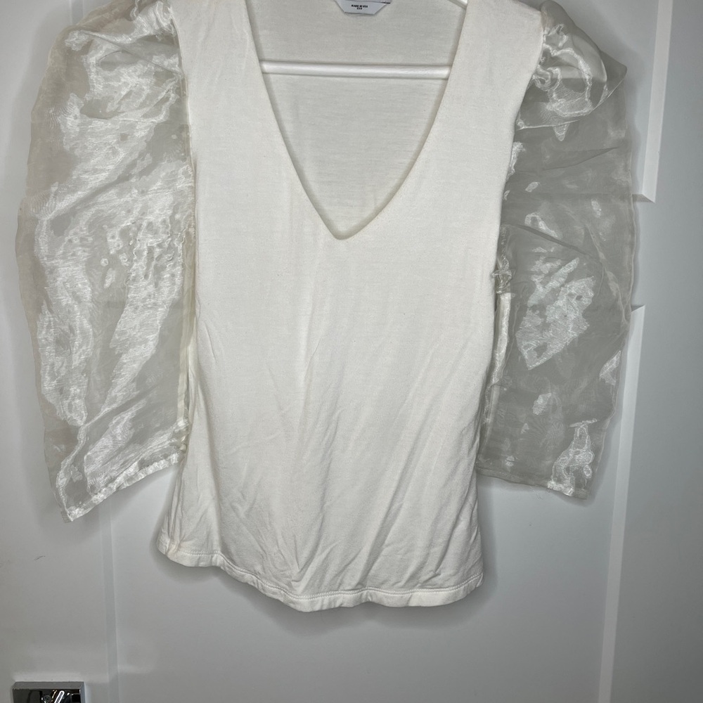 bebe White Blouse with Sheer Sleeves